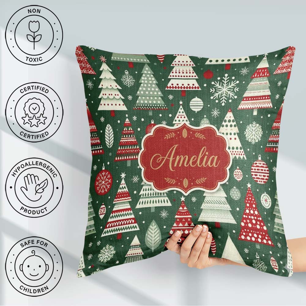 Custom Name Nordic Trees with Ornaments Snowflakes and Red Green Square Filled Cushion Throw Pillow Sofa Bed Home Decor Zip Washable UK Made