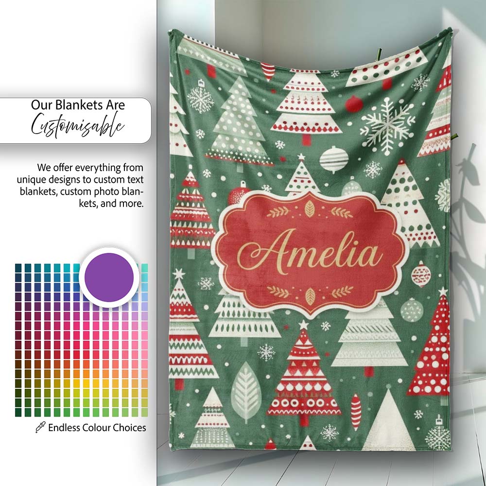 Nordic Holiday Trees with Ornaments Snowflakes and Red Green Decor Personalised Custom Name Super Soft Fleece Blanket Bed Sofa Throw