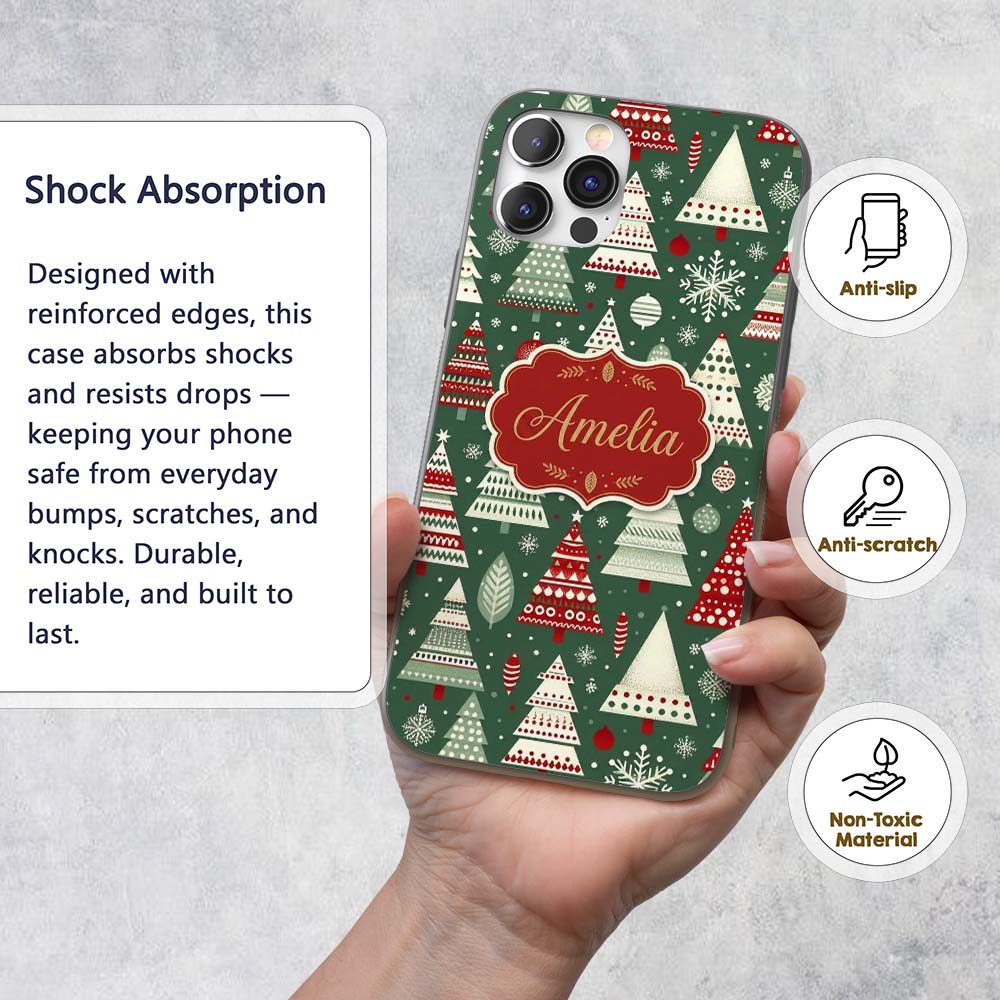 Nordic Holiday Trees with Ornaments Snowflakes Custom Name Protective Phone Case Mobile Cover Durable Everyday Smartphone Shock Resistant