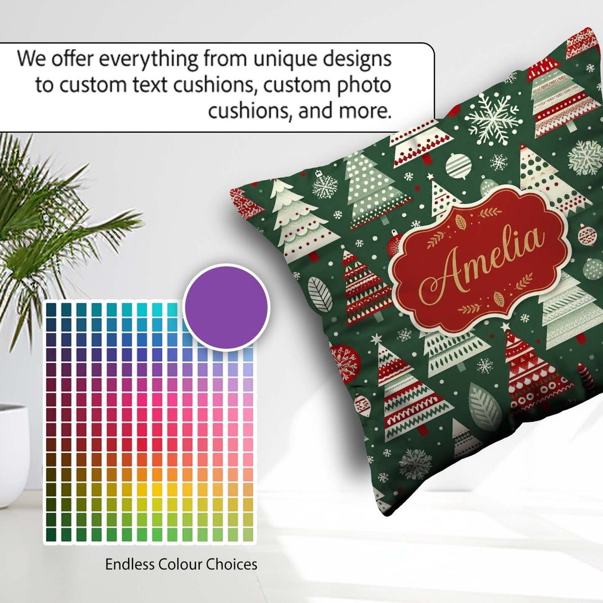 Custom Name Nordic Trees with Ornaments Snowflakes and Red Green Square Filled Cushion Throw Pillow Sofa Bed Home Decor Zip Washable UK Made