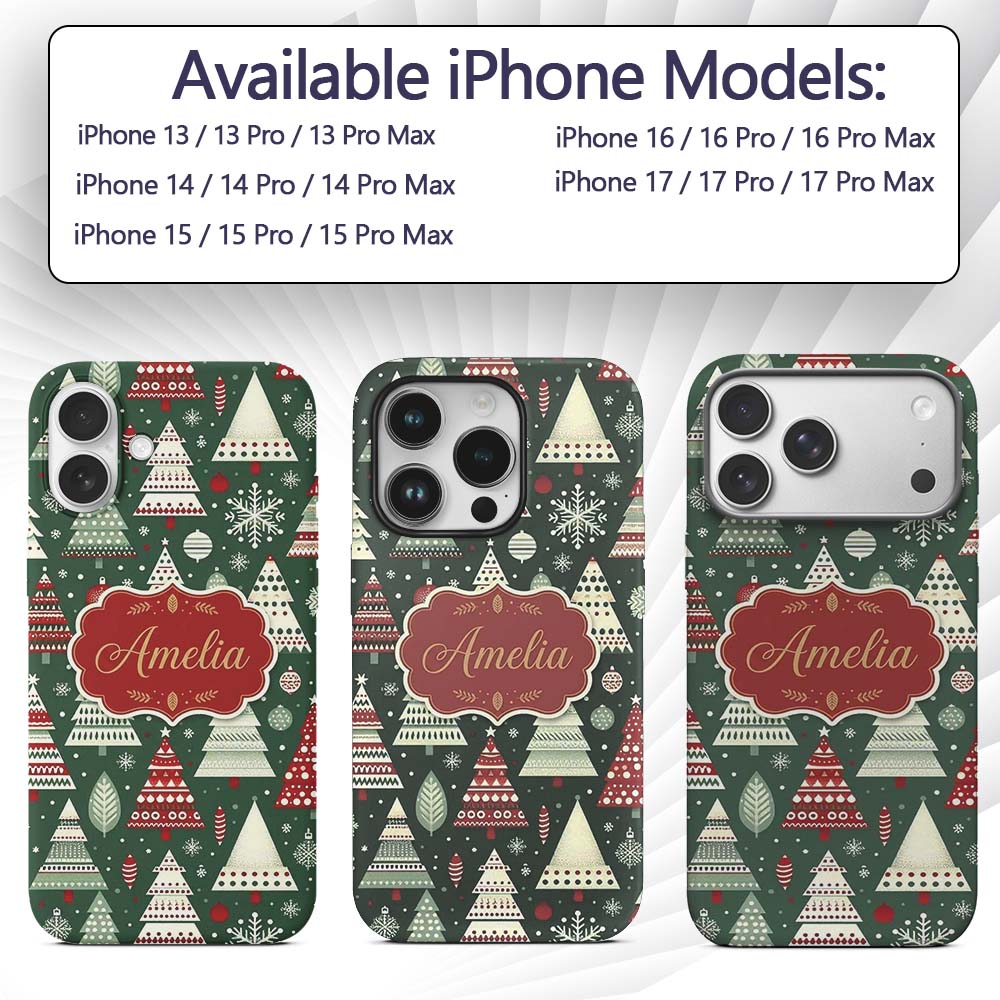 Nordic Holiday Trees with Ornaments Snowflakes Custom Name Protective Phone Case Mobile Cover Durable Everyday Smartphone Shock Resistant
