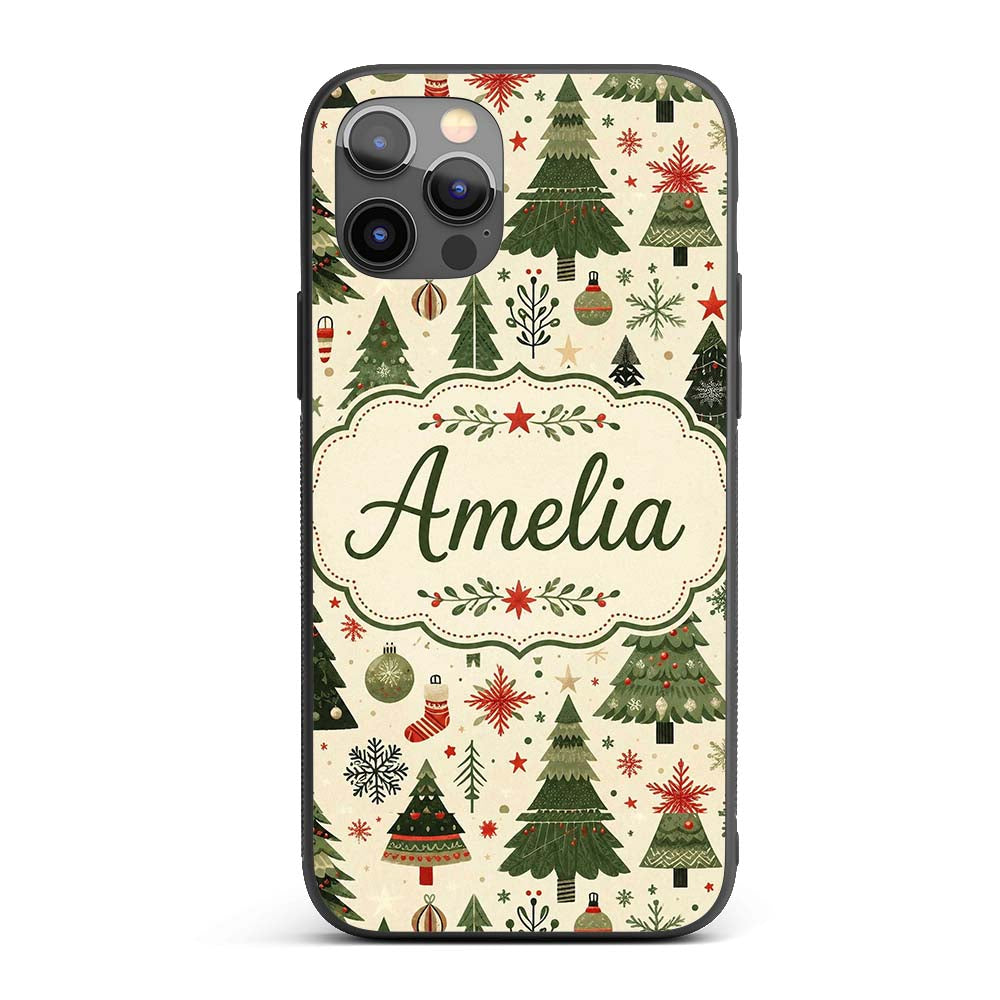 Classic Christmas Tree Illustrations with Baubles Custom Name Protective Phone Case Mobile Cover Durable Everyday Smartphone Shock Resistant