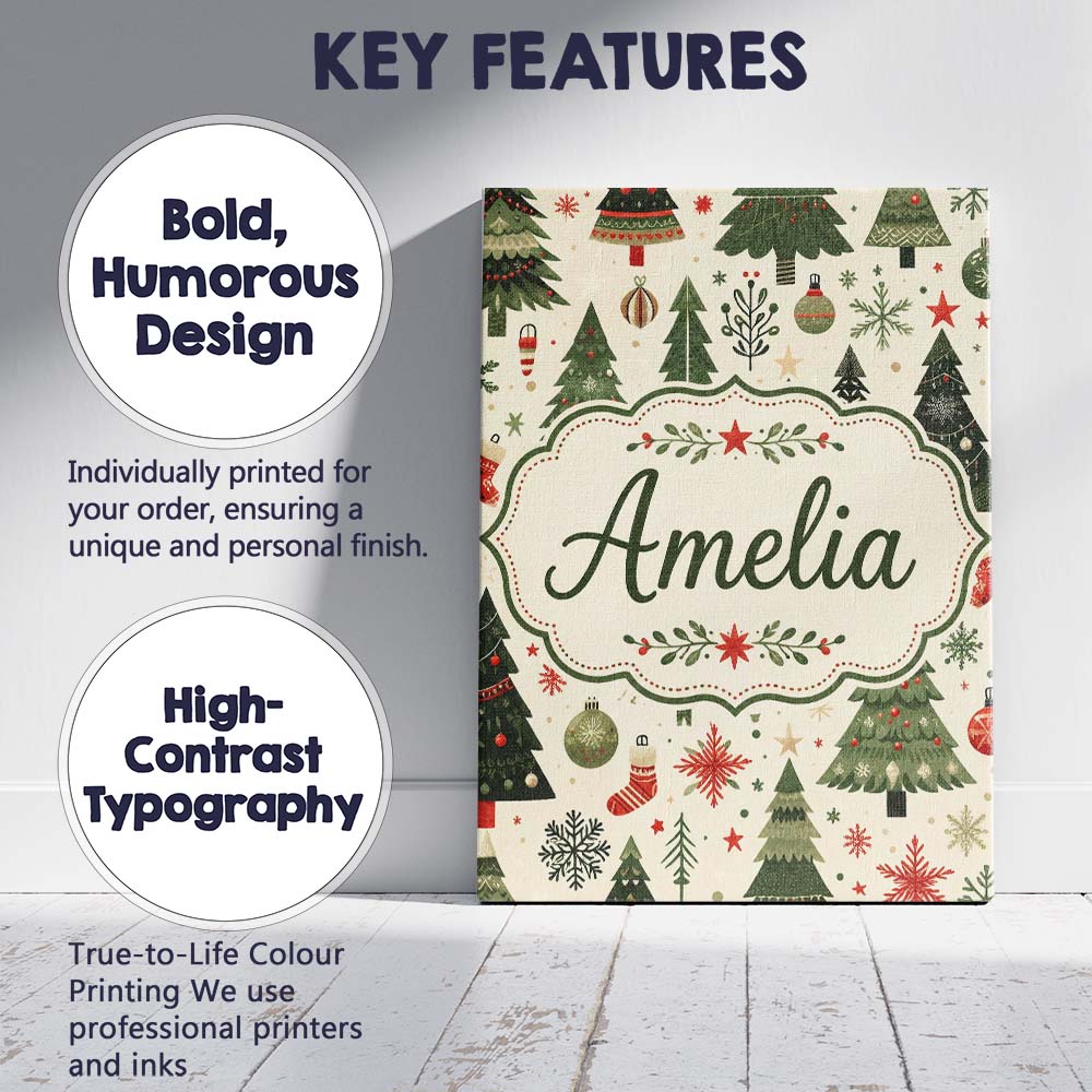 Personalised Name Classic Christmas Tree Custom Unique Gift Idea Elegant Feature Canvas Wall Art Print Decor Picture Ready to Hang