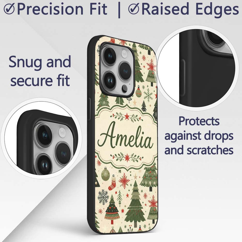 Classic Christmas Tree Illustrations with Baubles Custom Name Protective Phone Case Mobile Cover Durable Everyday Smartphone Shock Resistant