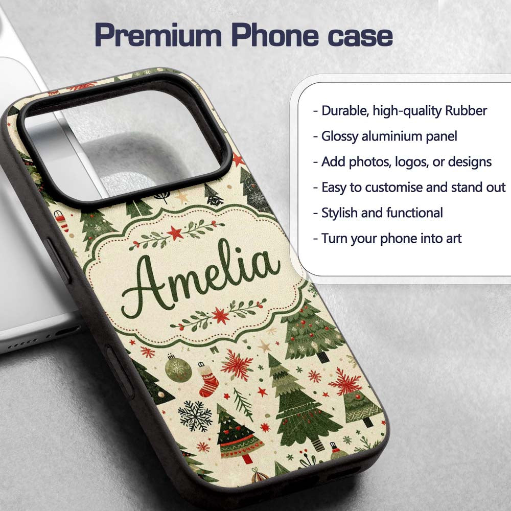 Classic Christmas Tree Illustrations with Baubles Custom Name Protective Phone Case Mobile Cover Durable Everyday Smartphone Shock Resistant