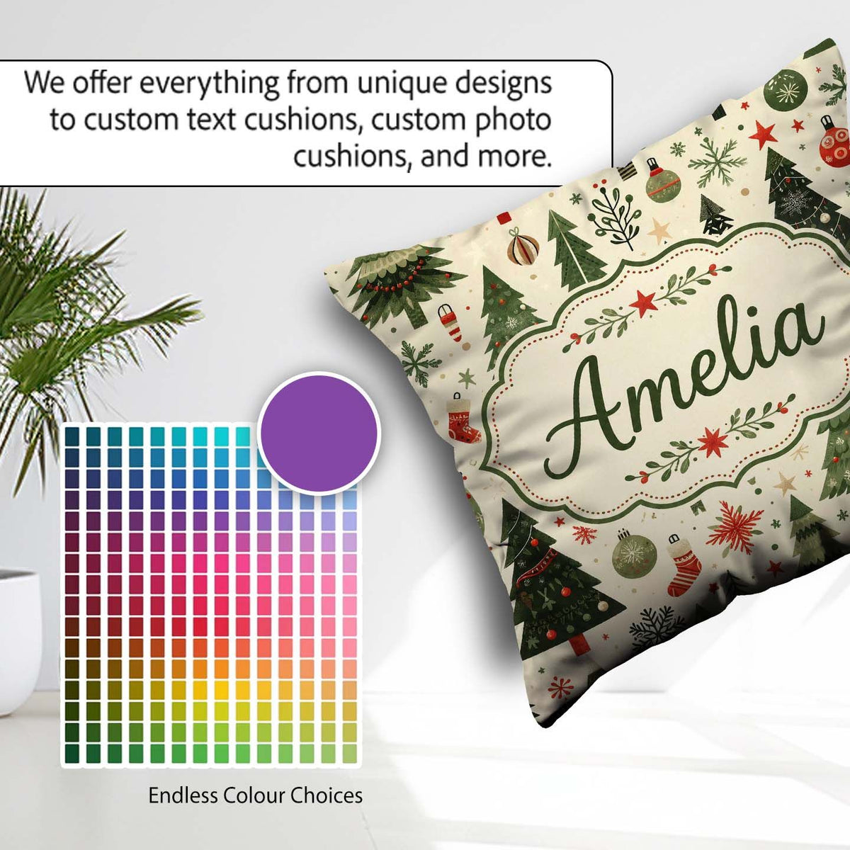 Custom Name Classic Christmas Tree with Baubles Snowflakes and Square Filled Cushion Throw Pillow Sofa Bed Home Decor Zip Washable UK Made
