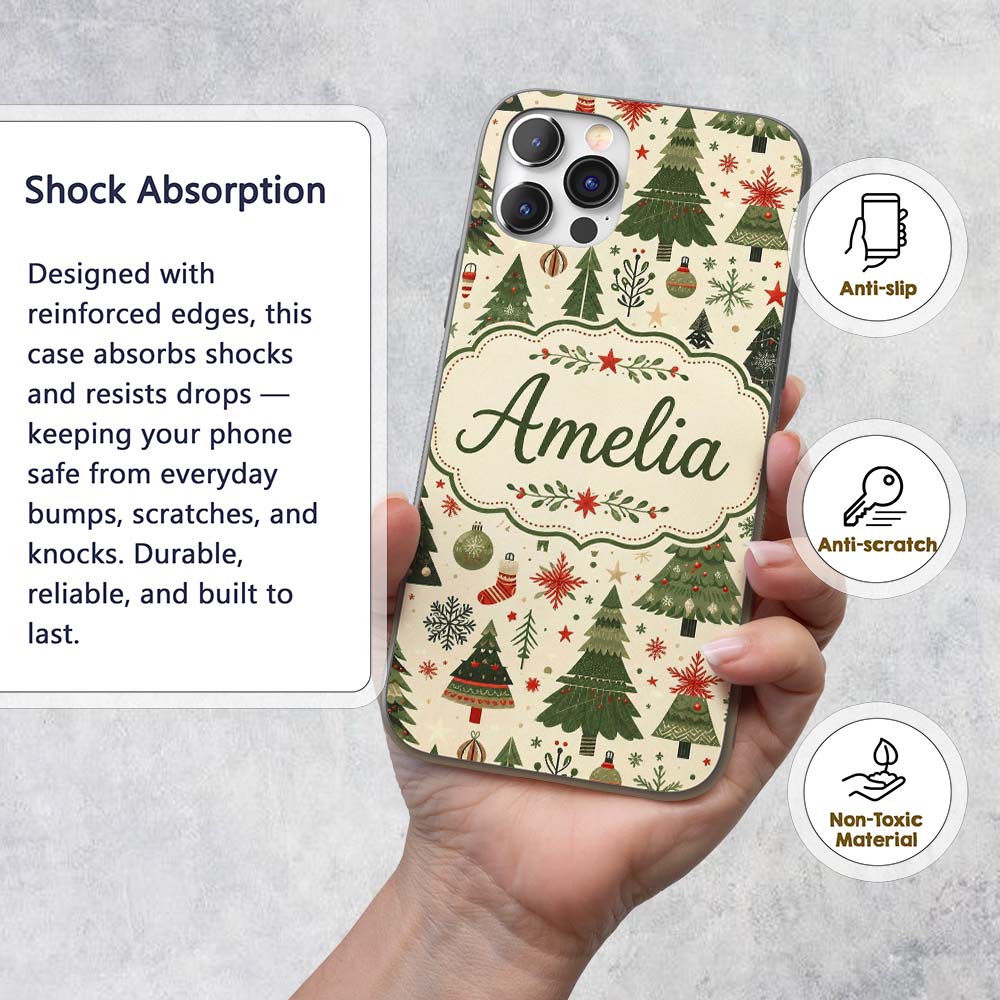 Classic Christmas Tree Illustrations with Baubles Custom Name Protective Phone Case Mobile Cover Durable Everyday Smartphone Shock Resistant
