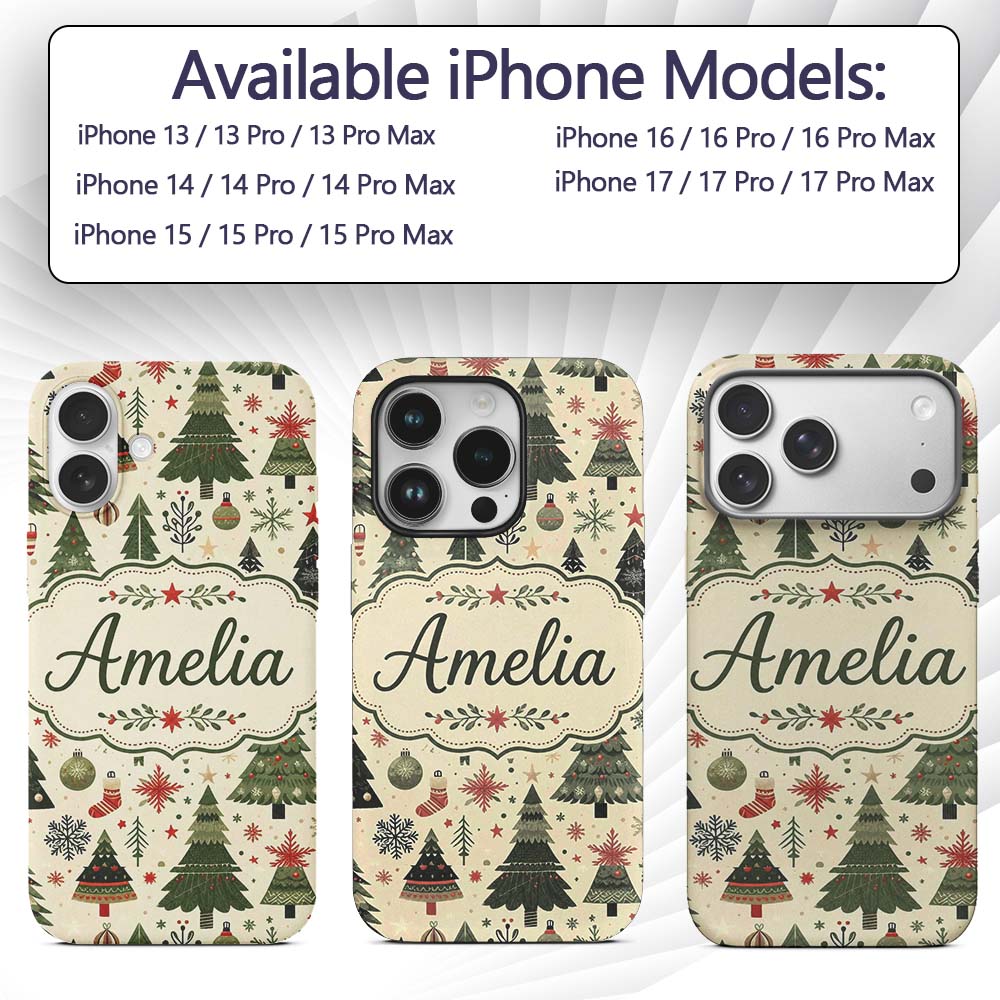 Classic Christmas Tree Illustrations with Baubles Custom Name Protective Phone Case Mobile Cover Durable Everyday Smartphone Shock Resistant