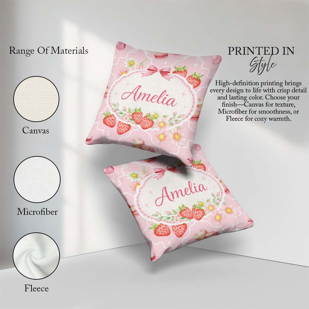 Custom Name Strawberry Cherry Daisy Seamless Blush Pink Coquette Square Filled Cushion Throw Pillow Sofa Bed Home Decor Zip Washable UK Made