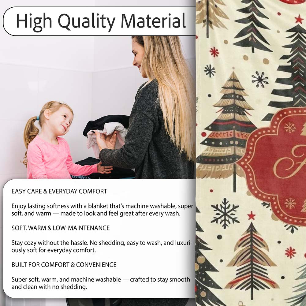 Modern Minimal Christmas Trees with Black Gold Red Accents Seamless Personalised Custom Name Super Soft Fleece Blanket Bed Sofa Throw
