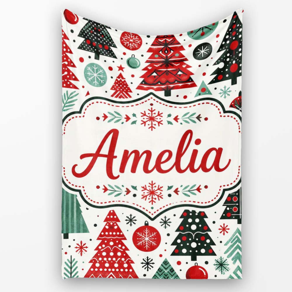 Festive Red Green Christmas Trees with Snowflakes and Baubles Lovely Personalised Custom Name Super Soft Fleece Blanket Bed Sofa Throw