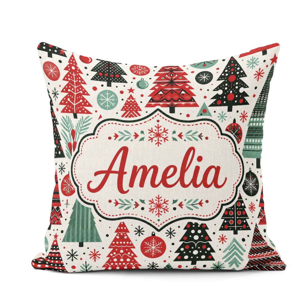 Custom Name Festive Red Green Trees with Snowflakes and Baubles Square Filled Cushion Throw Pillow Sofa Bed Home Decor Zip Washable UK Made