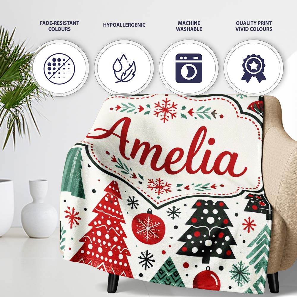 Festive Red Green Christmas Trees with Snowflakes and Baubles Lovely Personalised Custom Name Super Soft Fleece Blanket Bed Sofa Throw
