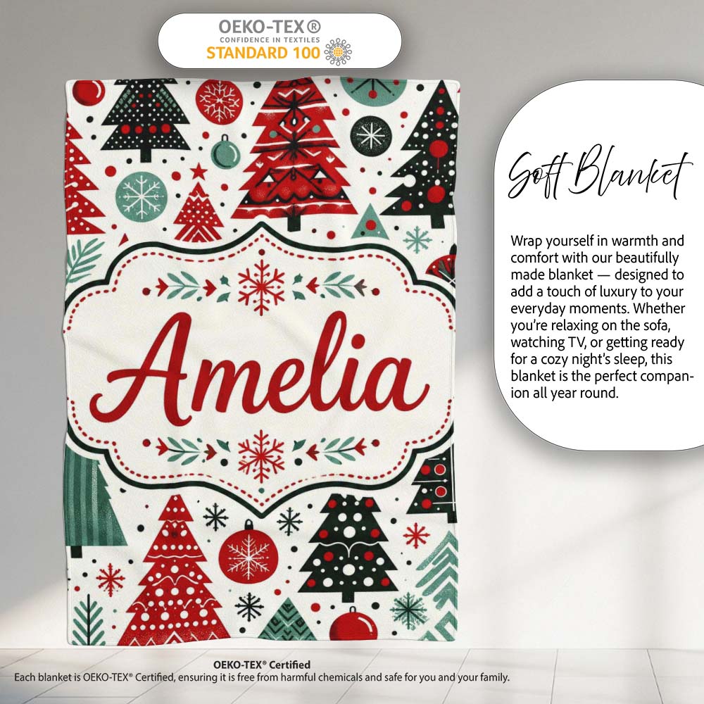 Festive Red Green Christmas Trees with Snowflakes and Baubles Lovely Personalised Custom Name Super Soft Fleece Blanket Bed Sofa Throw