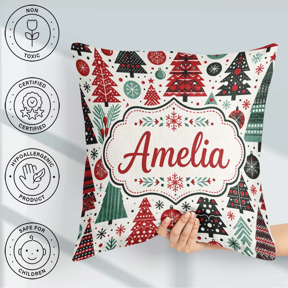 Custom Name Festive Red Green Trees with Snowflakes and Baubles Square Filled Cushion Throw Pillow Sofa Bed Home Decor Zip Washable UK Made