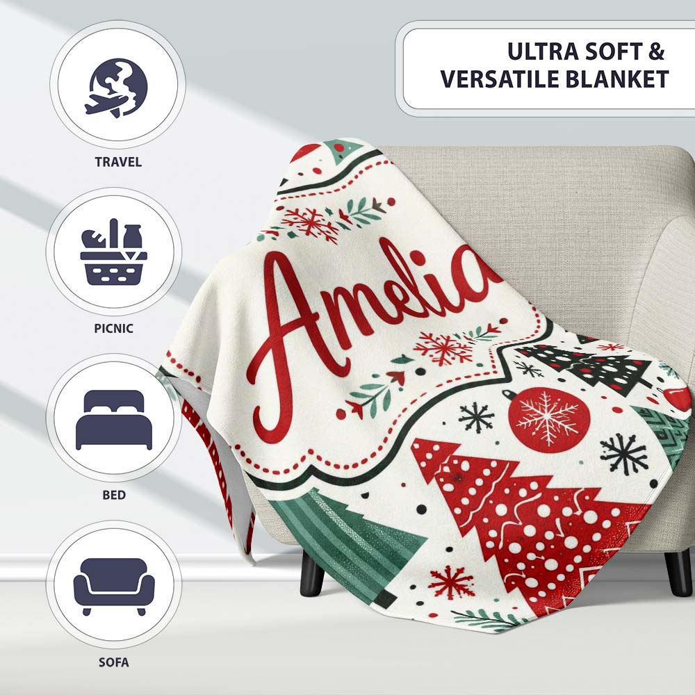 Festive Red Green Christmas Trees with Snowflakes and Baubles Lovely Personalised Custom Name Super Soft Fleece Blanket Bed Sofa Throw
