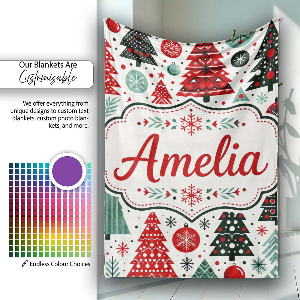 Festive Red Green Christmas Trees with Snowflakes and Baubles Lovely Personalised Custom Name Super Soft Fleece Blanket Bed Sofa Throw