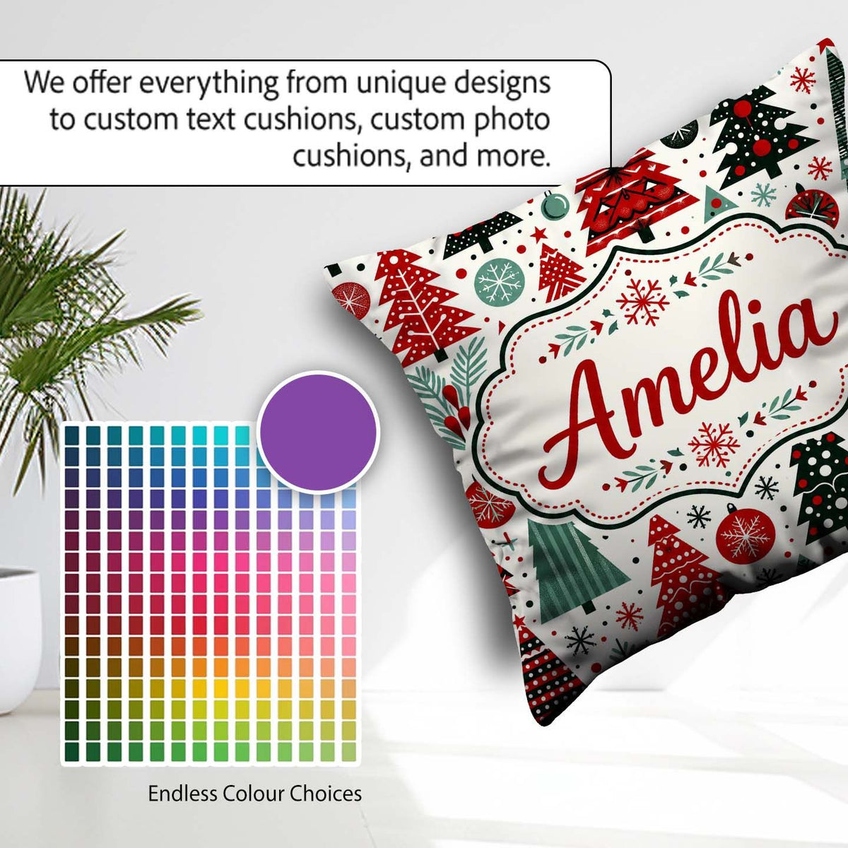 Custom Name Festive Red Green Trees with Snowflakes and Baubles Square Filled Cushion Throw Pillow Sofa Bed Home Decor Zip Washable UK Made