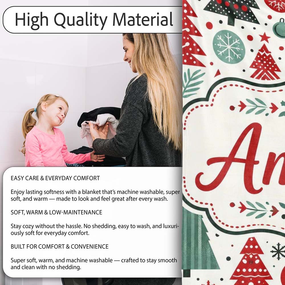 Festive Red Green Christmas Trees with Snowflakes and Baubles Lovely Personalised Custom Name Super Soft Fleece Blanket Bed Sofa Throw