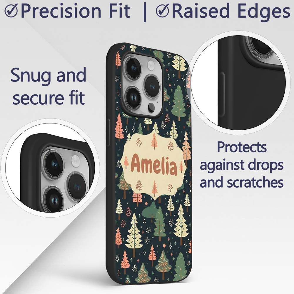 Winter Forest Christmas Trees with Snowflakes on Custom Name Protective Phone Case Mobile Cover Durable Everyday Smartphone Shock Resistant