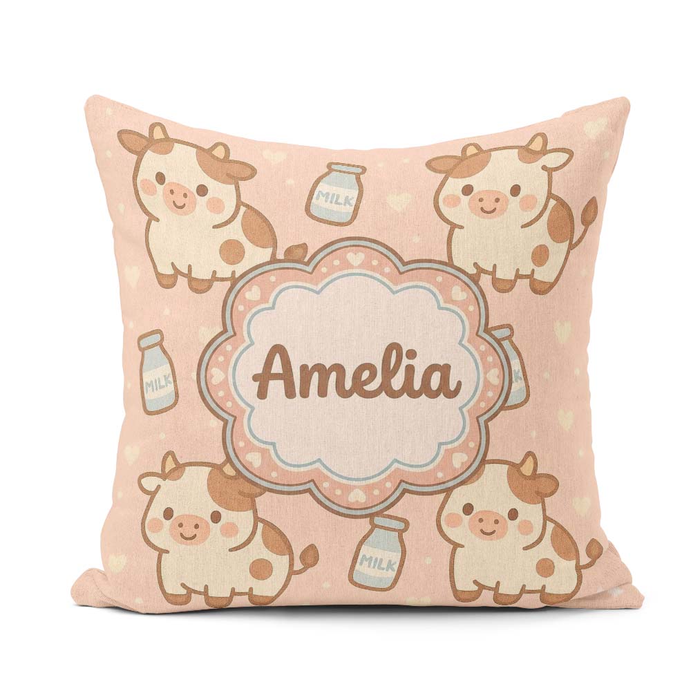 Custom Name Cute Cow Milk Cartoon Farm Animal Pattern Decor Square Filled Cushion Throw Pillow Sofa Bed Home Decor Zip Washable UK Made