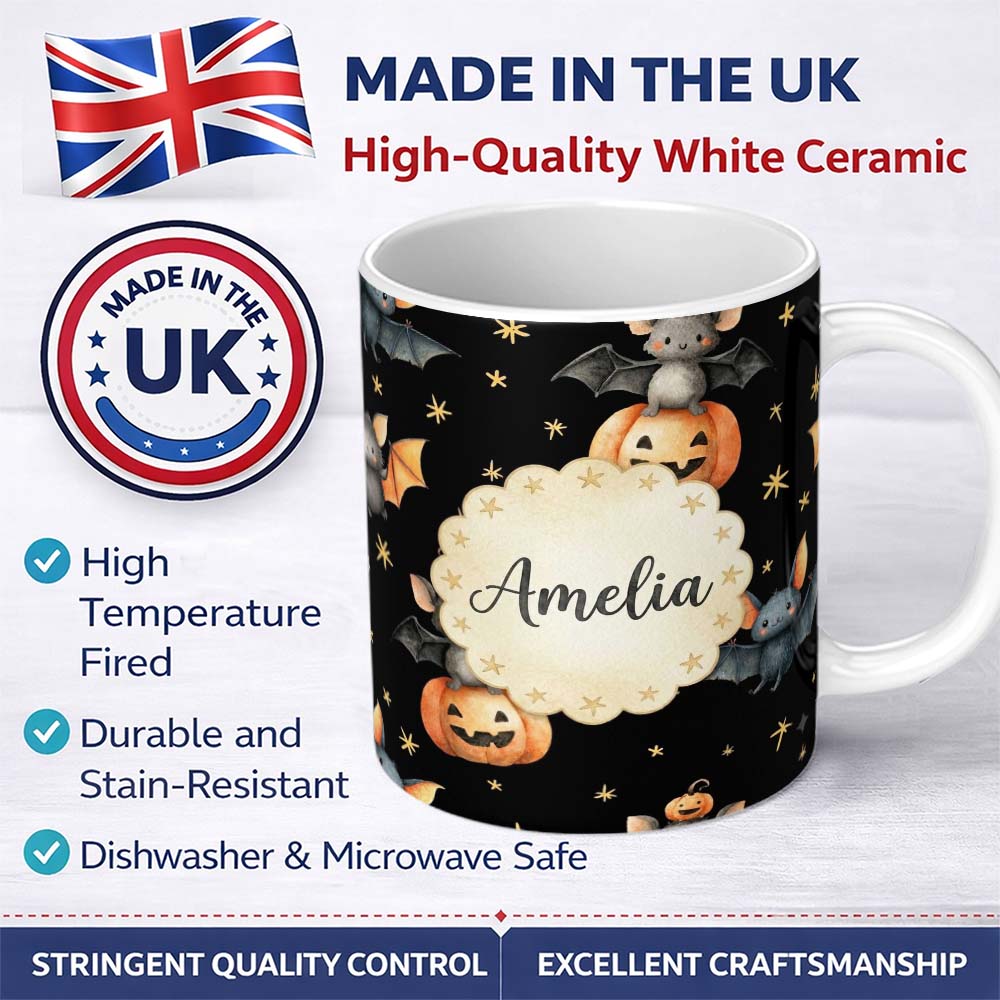 Personalized Custom Name Cute Halloween Bats Sitting on Pumpkins with Stars Black Background 11oz Ceramic Coffee Tea Mug White Large Handle
