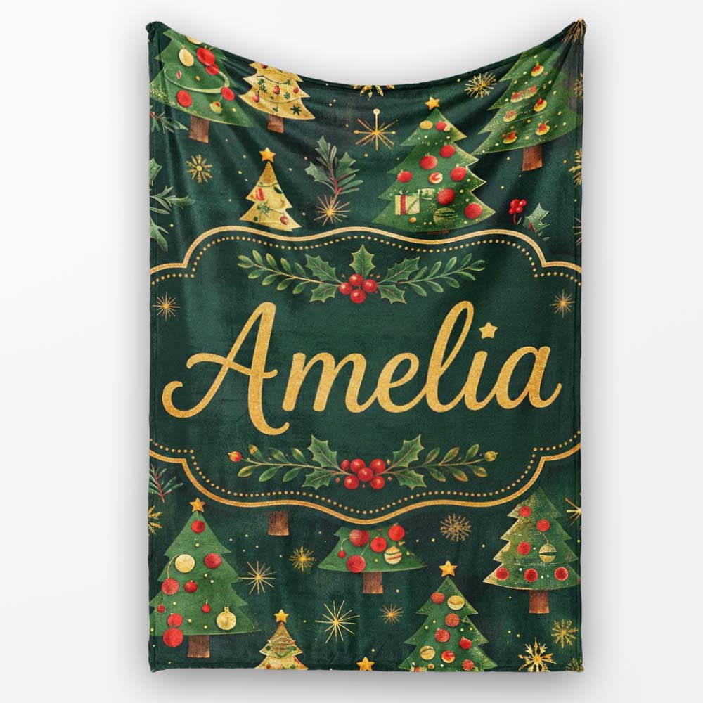 Vintage Christmas Trees with Red Gold Ornaments and Festive Stars Personalised Custom Name Super Soft Fleece Blanket Bed Sofa Throw