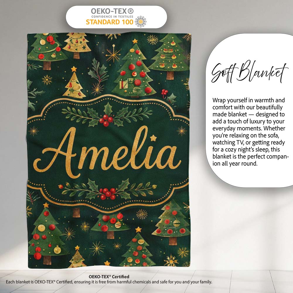 Vintage Christmas Trees with Red Gold Ornaments and Festive Stars Personalised Custom Name Super Soft Fleece Blanket Bed Sofa Throw