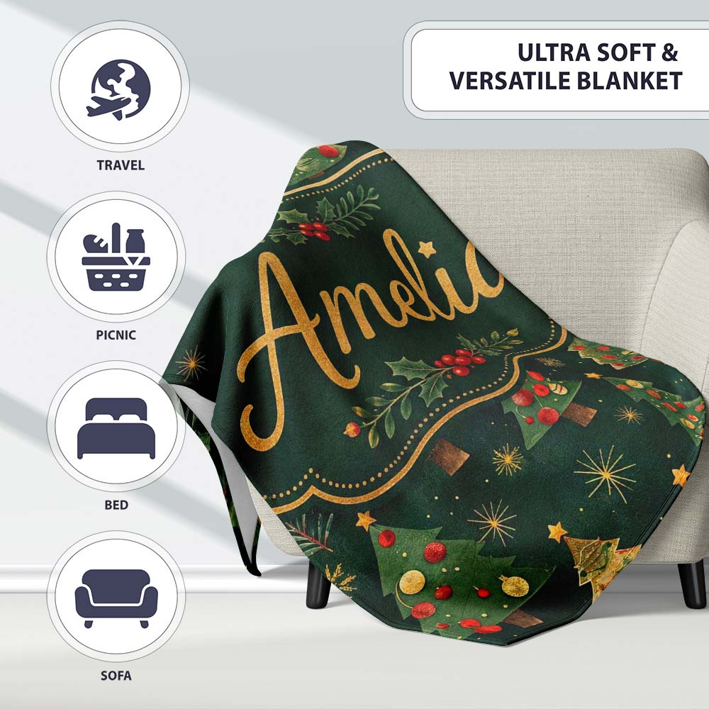 Vintage Christmas Trees with Red Gold Ornaments and Festive Stars Personalised Custom Name Super Soft Fleece Blanket Bed Sofa Throw