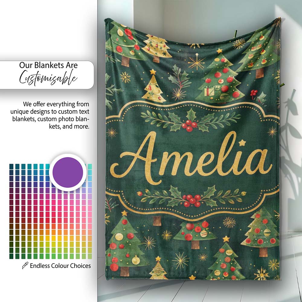 Vintage Christmas Trees with Red Gold Ornaments and Festive Stars Personalised Custom Name Super Soft Fleece Blanket Bed Sofa Throw