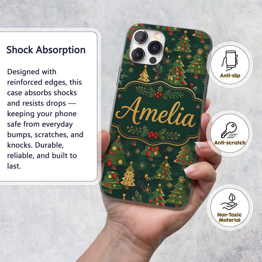 Vintage Christmas Trees with Red Gold Ornaments Custom Name Protective Phone Case Mobile Cover Durable Everyday Smartphone Shock Resistant