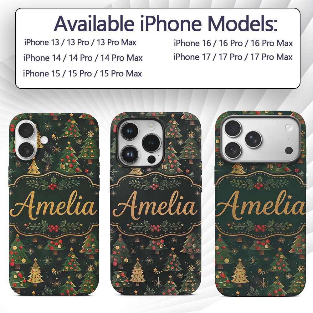 Vintage Christmas Trees with Red Gold Ornaments Custom Name Protective Phone Case Mobile Cover Durable Everyday Smartphone Shock Resistant