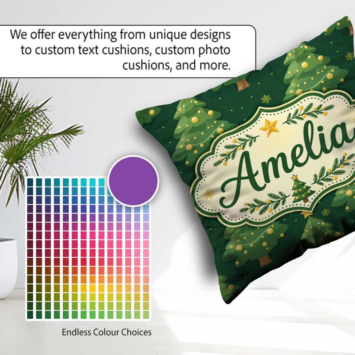 Custom Name Cartoon Trees with Golden Baubles and Stars Seamless Square Filled Cushion Throw Pillow Sofa Bed Home Decor Zip Washable UK Made