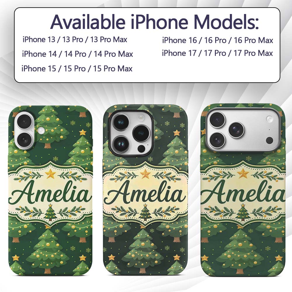 Cartoon Christmas Trees with Golden Baubles and Custom Name Protective Phone Case Mobile Cover Durable Everyday Smartphone Shock Resistant