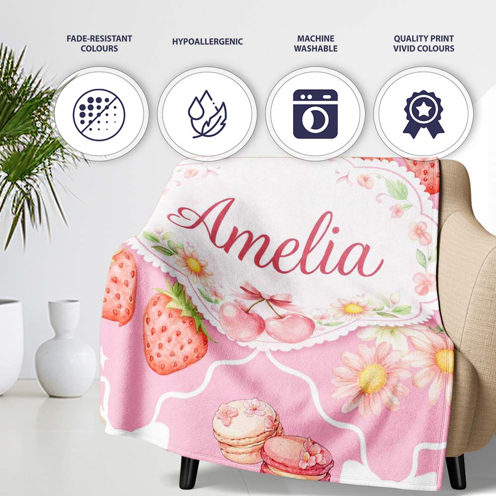 Strawberry Cherry Daisy Seamless Bright Pink Cute Coquette Floral Personalised Custom Name Super Soft Fleece Blanket Bed Sofa Throw