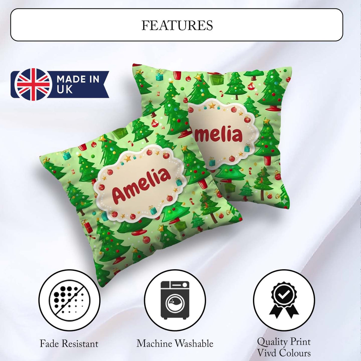 Custom Name Green Christmas Trees with Gifts Candy and Ornaments Square Filled Cushion Throw Pillow Sofa Bed Home Decor Zip Washable UK Made