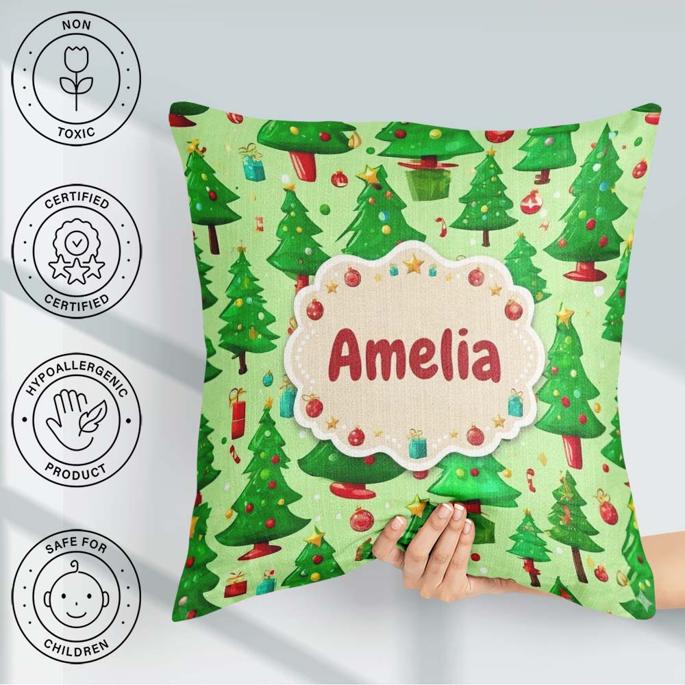 Custom Name Green Christmas Trees with Gifts Candy and Ornaments Square Filled Cushion Throw Pillow Sofa Bed Home Decor Zip Washable UK Made
