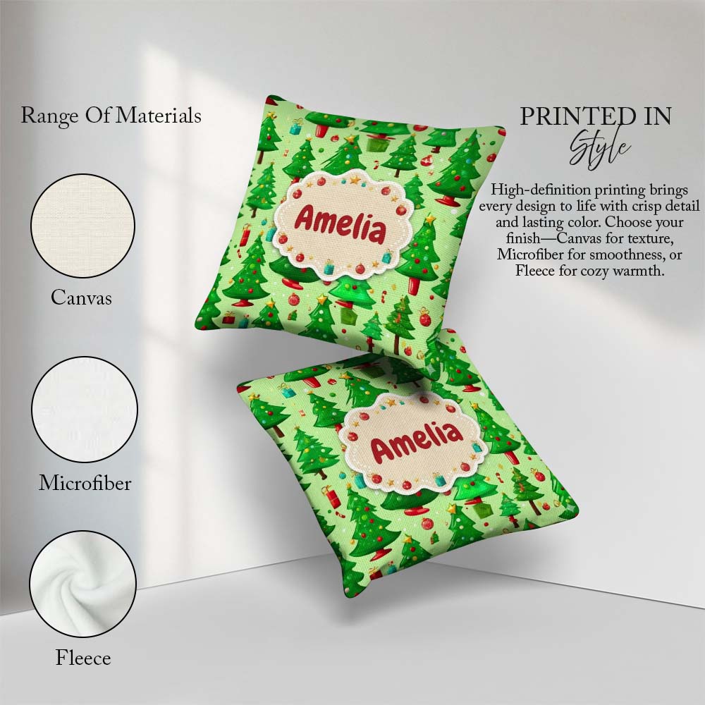 Custom Name Green Christmas Trees with Gifts Candy and Ornaments Square Filled Cushion Throw Pillow Sofa Bed Home Decor Zip Washable UK Made