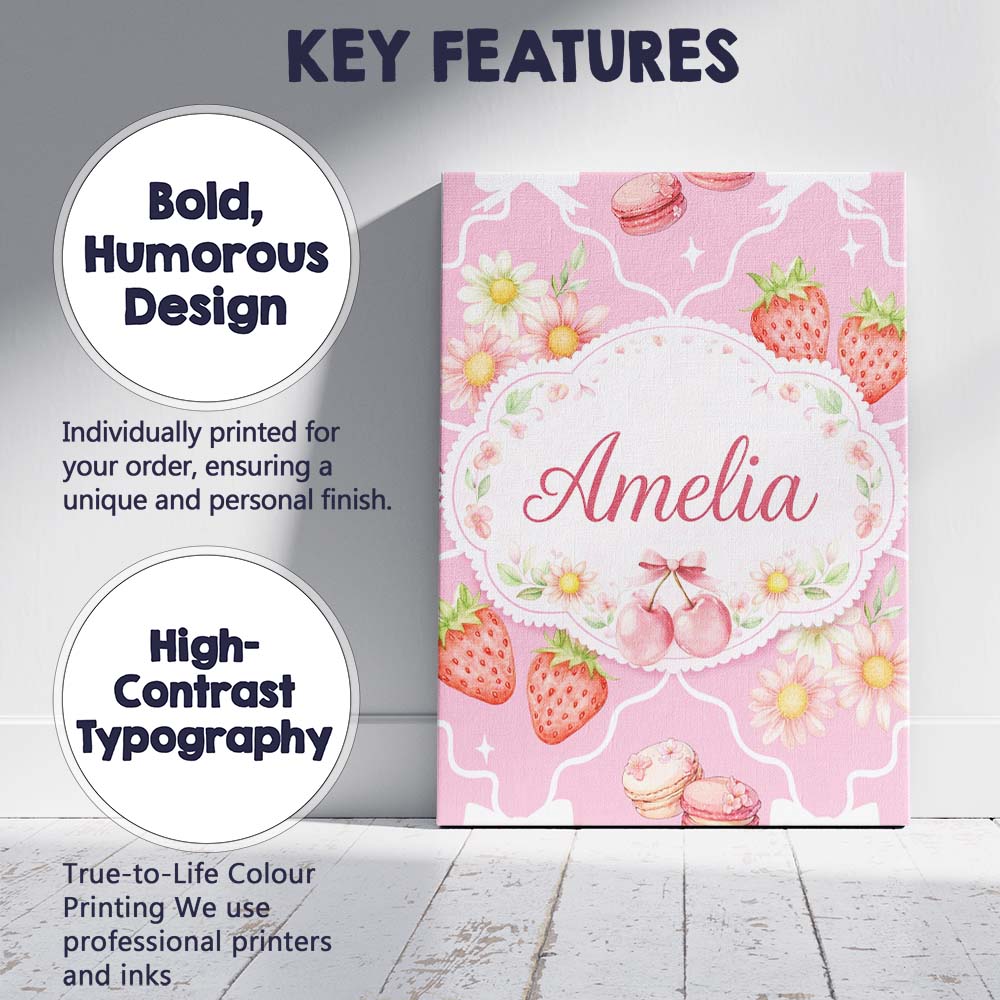 Personalised Name Strawberry Cherry Daisy Seamless Bright Pink Cute Custom Canvas Wall Art Print Decor Picture Ready to Hang