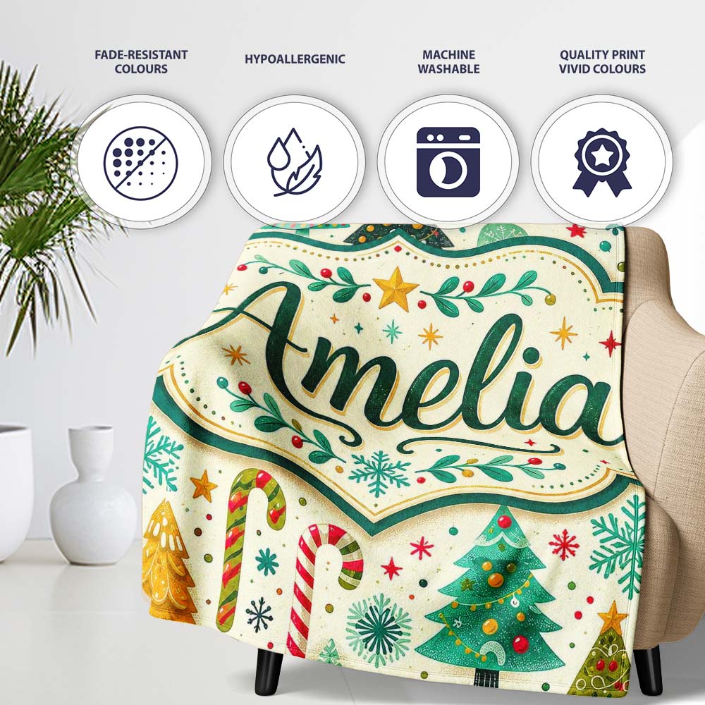 Festive Christmas Trees Candy Canes Snowflakes Stars Baubles Holiday Personalised Custom Name Super Soft Fleece Blanket Bed Sofa Throw