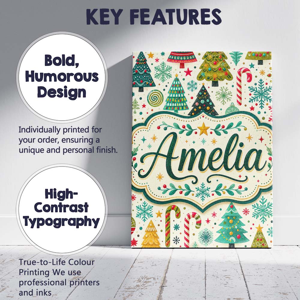 Personalised Name Festive Christmas Trees Custom Unique Gift Idea Elegant Feature Canvas Wall Art Print Decor Picture Ready to Hang