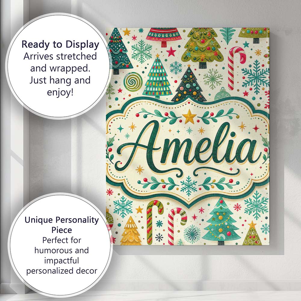 Personalised Name Festive Christmas Trees Custom Unique Gift Idea Elegant Feature Canvas Wall Art Print Decor Picture Ready to Hang