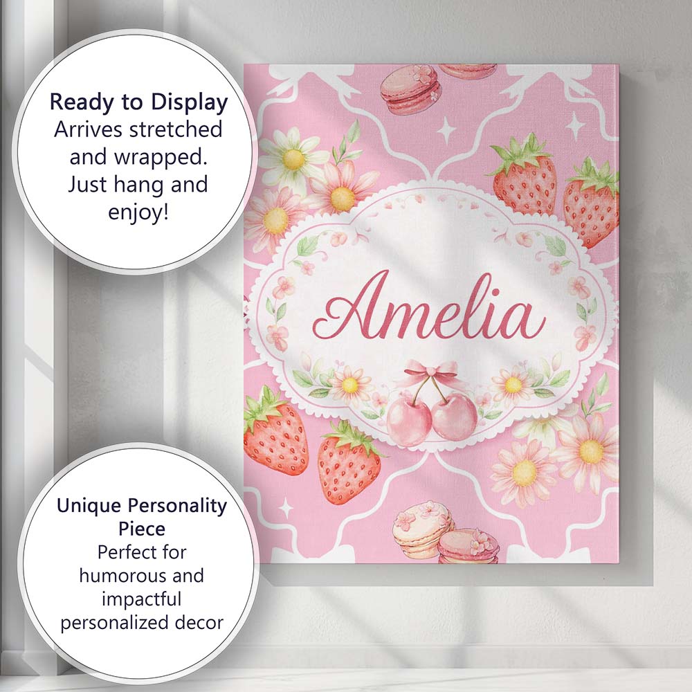 Personalised Name Strawberry Cherry Daisy Seamless Bright Pink Cute Custom Canvas Wall Art Print Decor Picture Ready to Hang