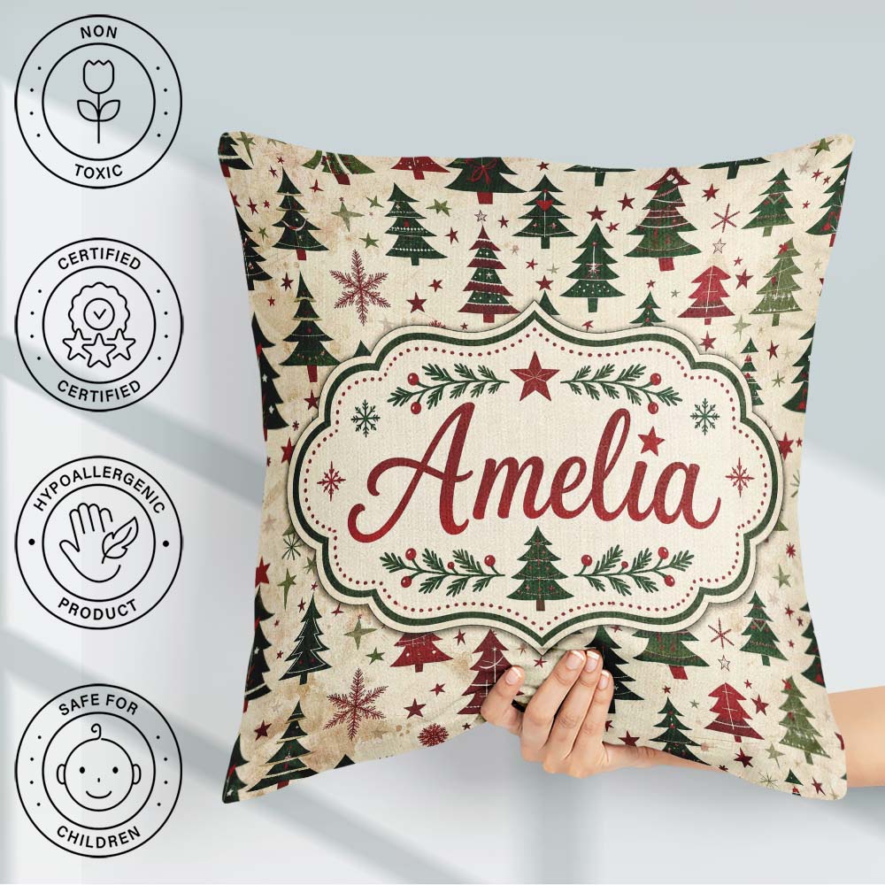 Custom Name Classic Trees with Red Stars and Snowflakes Seamless Square Filled Cushion Throw Pillow Sofa Bed Home Decor Zip Washable UK Made
