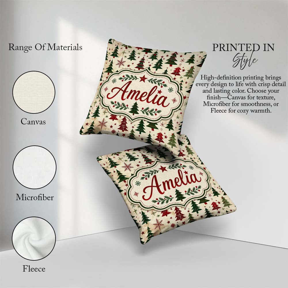 Custom Name Classic Trees with Red Stars and Snowflakes Seamless Square Filled Cushion Throw Pillow Sofa Bed Home Decor Zip Washable UK Made