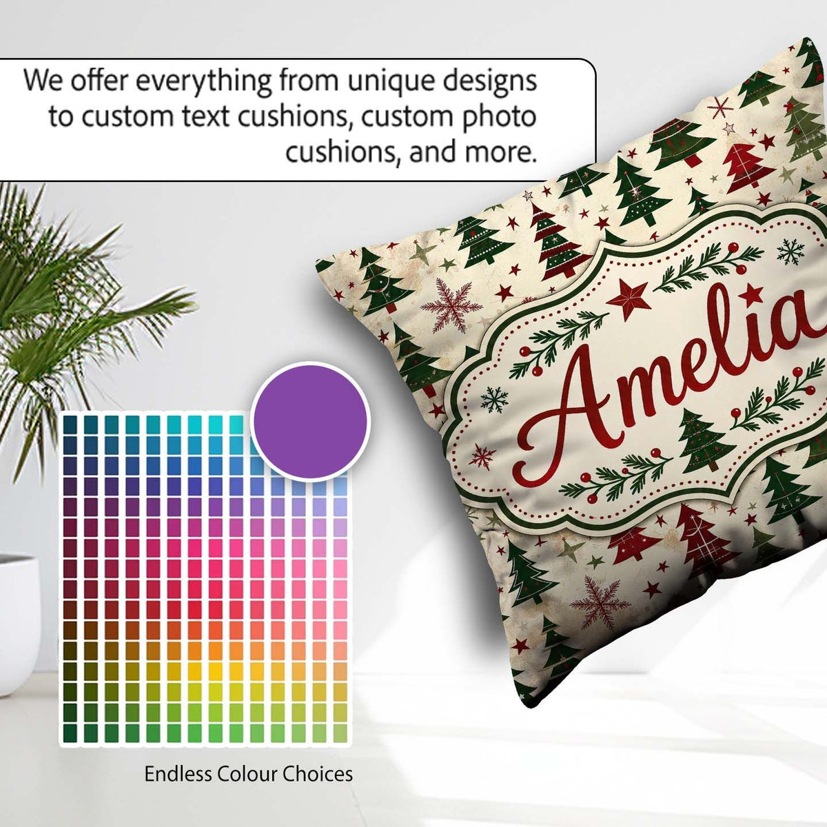 Custom Name Classic Trees with Red Stars and Snowflakes Seamless Square Filled Cushion Throw Pillow Sofa Bed Home Decor Zip Washable UK Made