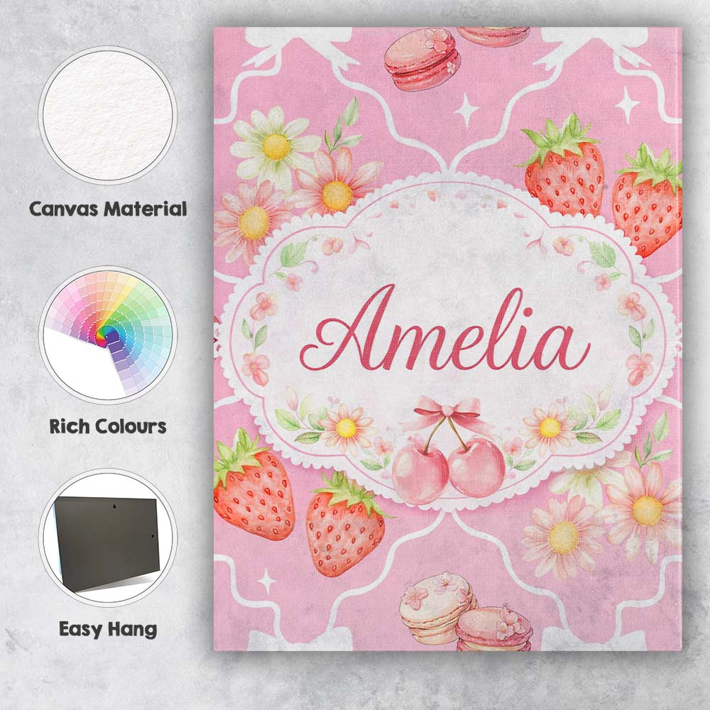 Personalised Name Strawberry Cherry Daisy Seamless Bright Pink Cute Custom Canvas Wall Art Print Decor Picture Ready to Hang