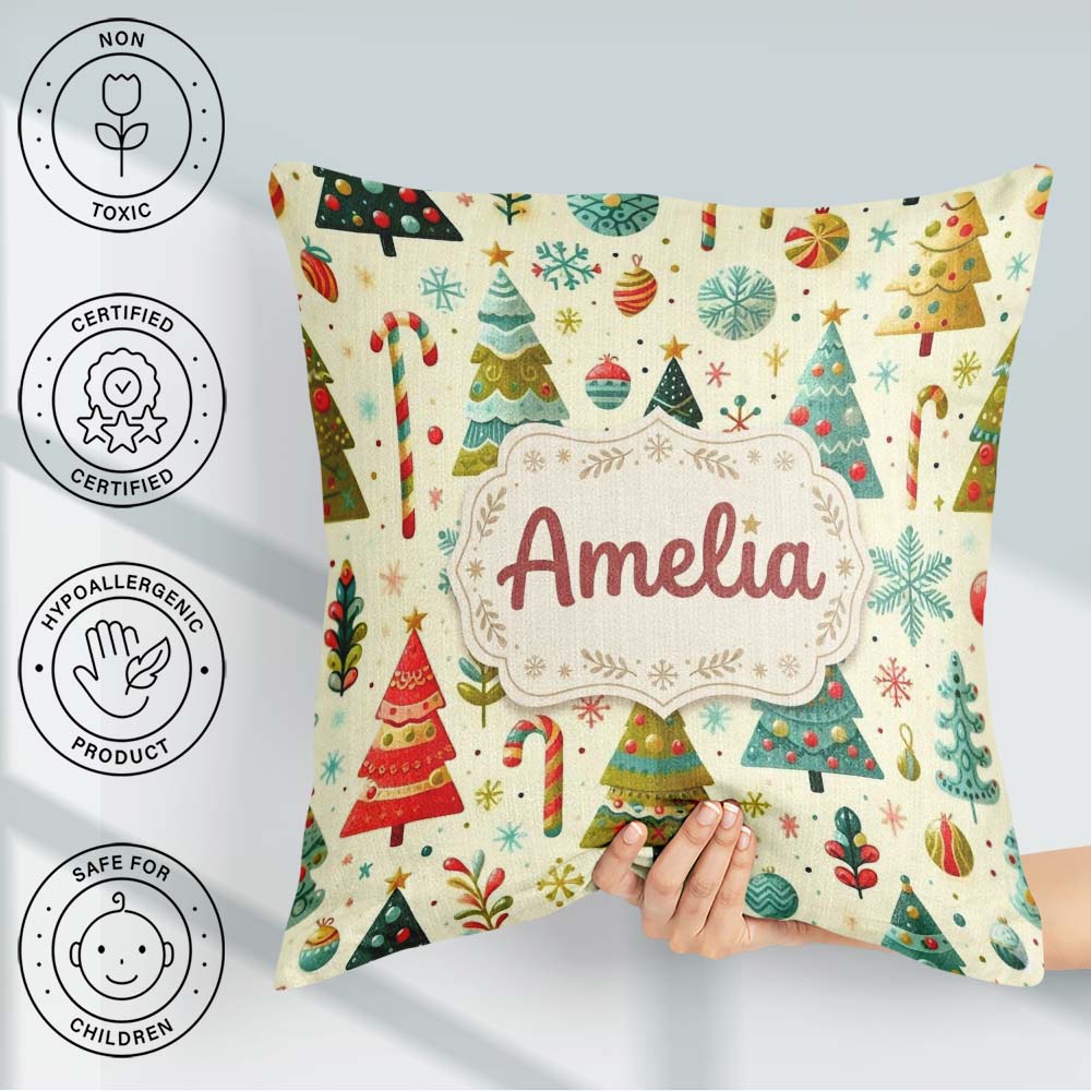 Custom Name Whimsical Christmas Trees Candy Canes and Snowflakes Square Filled Cushion Throw Pillow Sofa Bed Home Decor Zip Washable UK Made