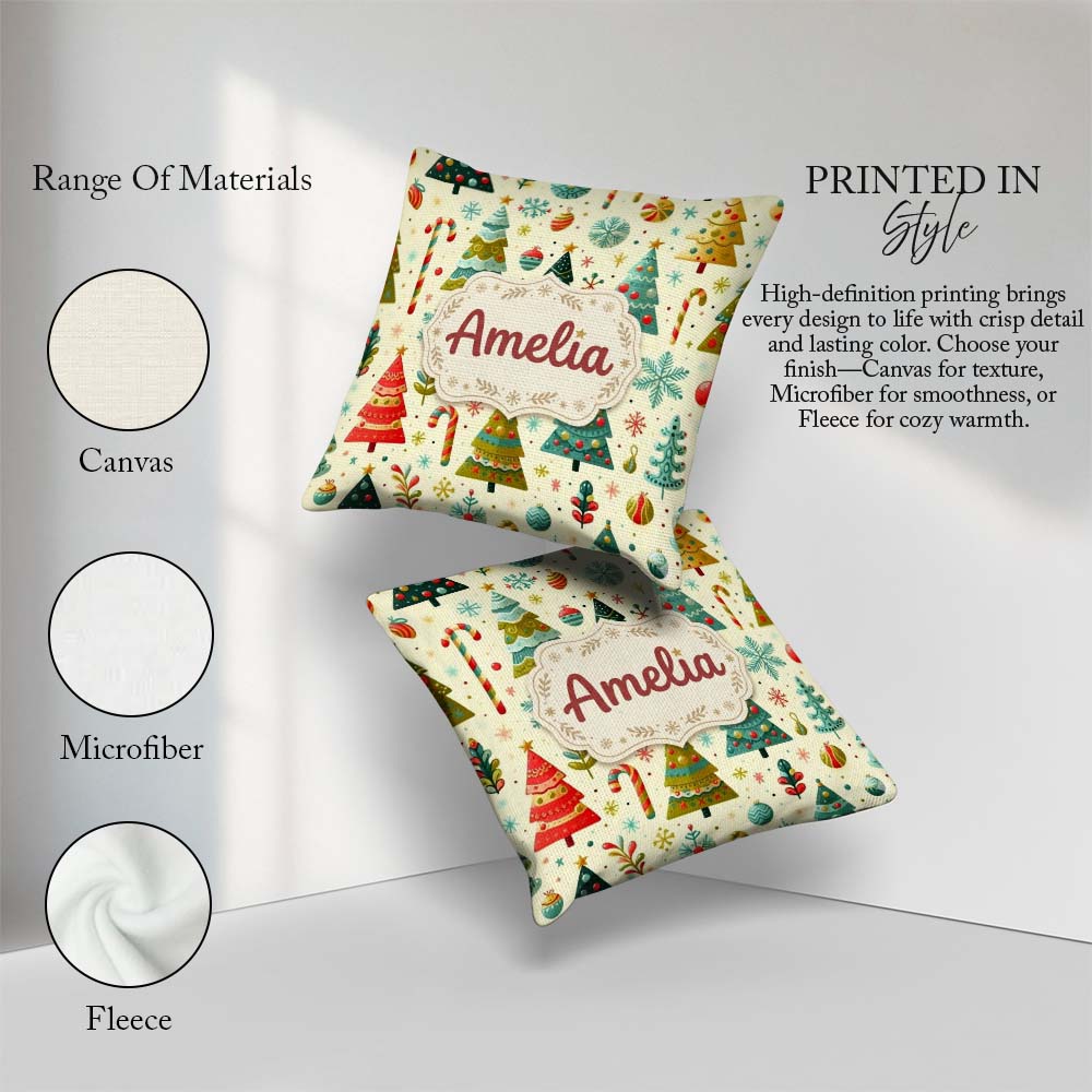 Custom Name Whimsical Christmas Trees Candy Canes and Snowflakes Square Filled Cushion Throw Pillow Sofa Bed Home Decor Zip Washable UK Made