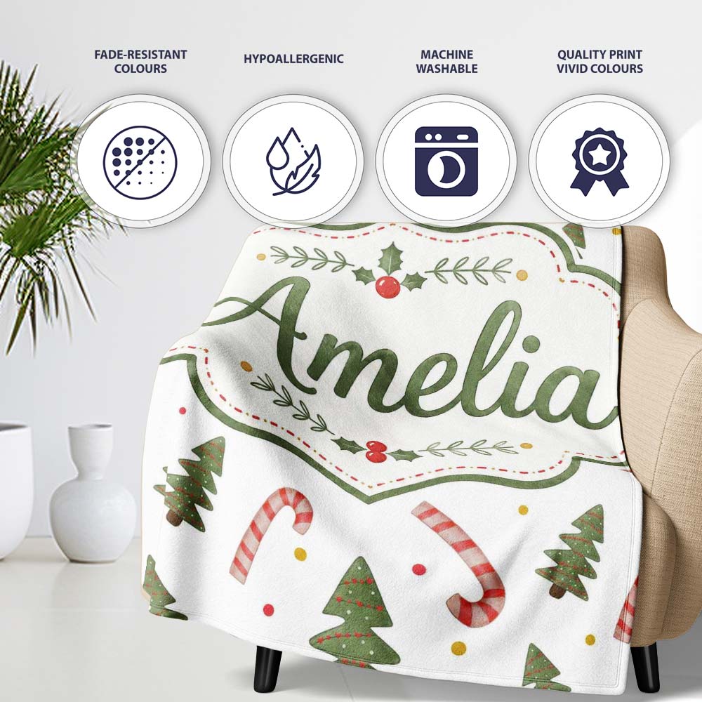 Christmas Trees Candy Canes Snowflakes Holiday Seamless Pattern Personalised Custom Name Super Soft Fleece Blanket Bed Sofa Throw